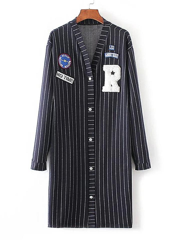 Shein Patch Detail Striped Longline Sweater Coat