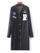 Shein Patch Detail Striped Longline Sweater Coat