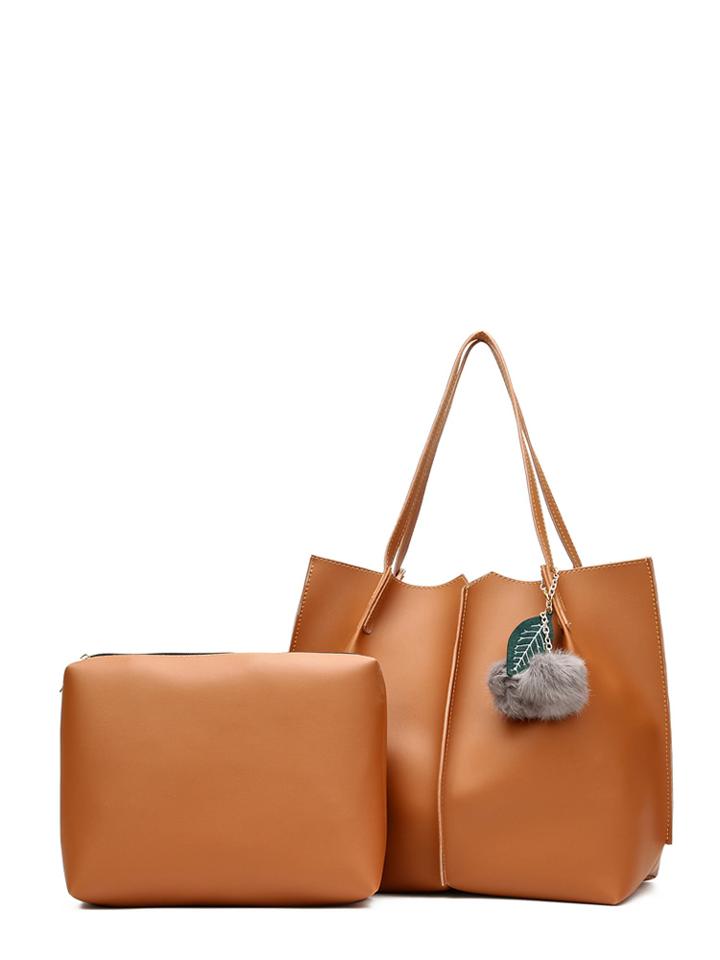 Shein Pom Pom Charm Tote Bag With Clutch