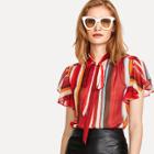 Shein Flutter Sleeve Tied Neck Striped Blouse