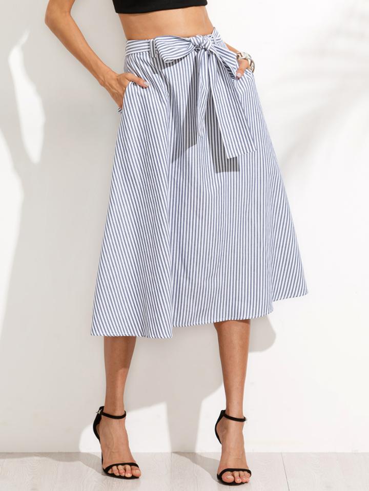 Shein Blue Striped Pocket Tie Waist Midi Skirt