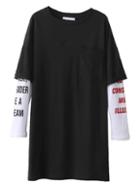 Shein Black Contrast Letter Print Pocket 2 In 1 T-shirt Dress