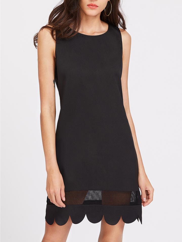 Shein Buttoned Keyhole Back Mesh Insert Scallop Dress