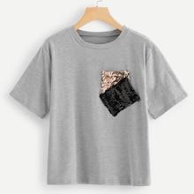 Shein Contrast Sequin Pocket Round Neck Tee