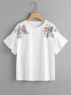 Shein Flower Embroidered Frill Sleeve Tee
