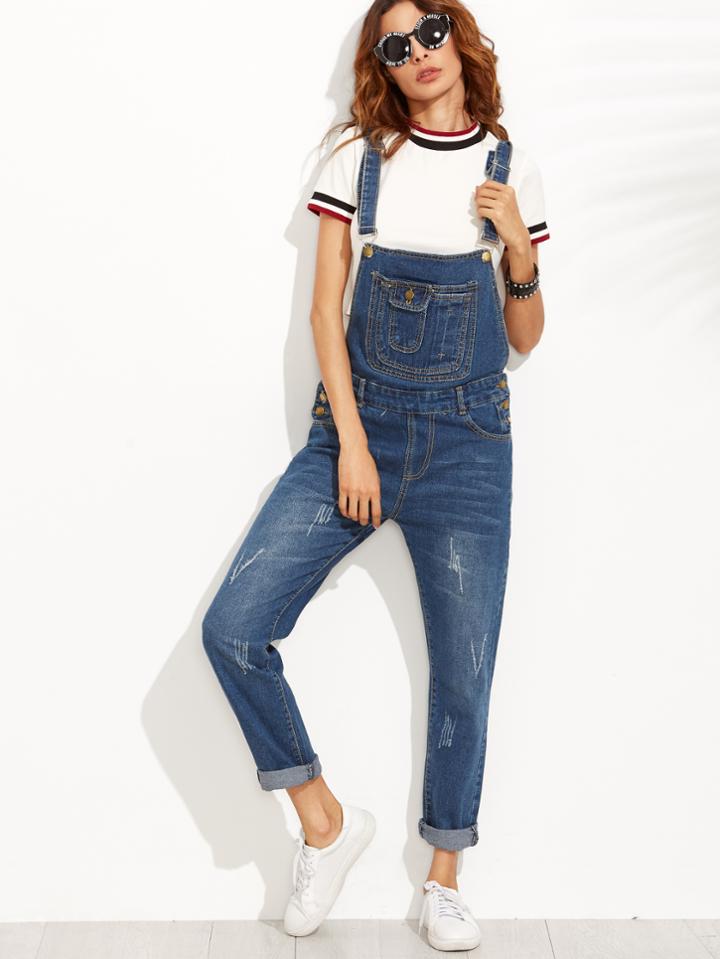 Shein Blue Bleach Wash Cuffed Overall Jeans