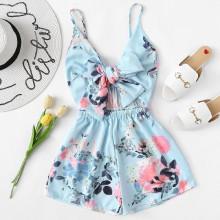 Shein Tie Front Floral Print Cami Romper