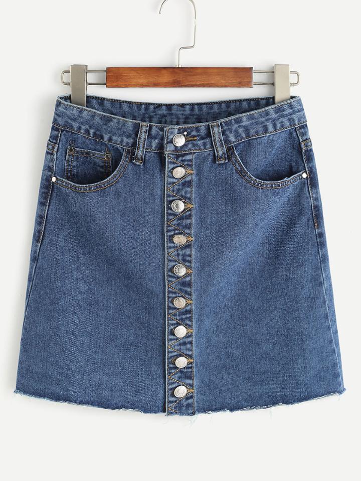 Shein Blue Single Breasted Raw Hem Denim Skirt
