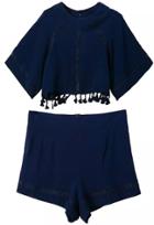 Shein Royal Blue Hollow Tassel Crop Top With Shorts