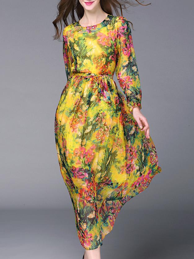 Shein Yellow Crew Neck Tie-waist Floral Dress