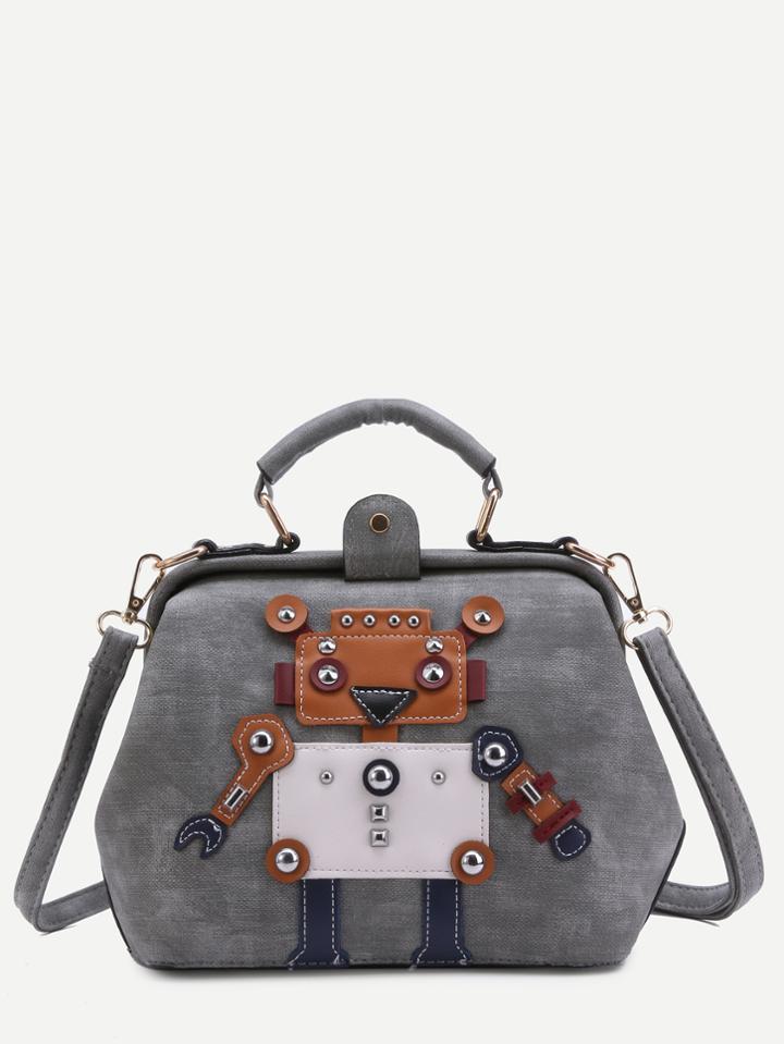 Shein Grey Pu Robot Patch Studded Shoulder Bag With Handle