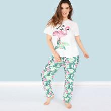 Shein Plus Letter And Flamingo Print Top & Pants Pj Set