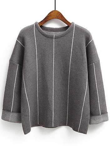 Shein White Crew Neck Vertical Stripe Loose Knitwear