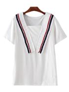 Shein White Square Collar Short Sleeve Pleated Stripe T-shirt