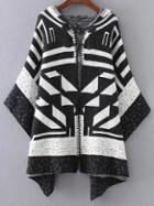 Shein Black And White Hooded Poncho Sweater With Horn Button