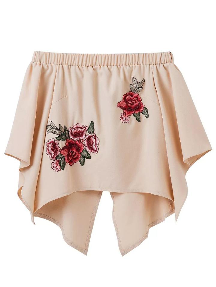 Shein Flower Embroidered Off The Shoulder Slit Back Top