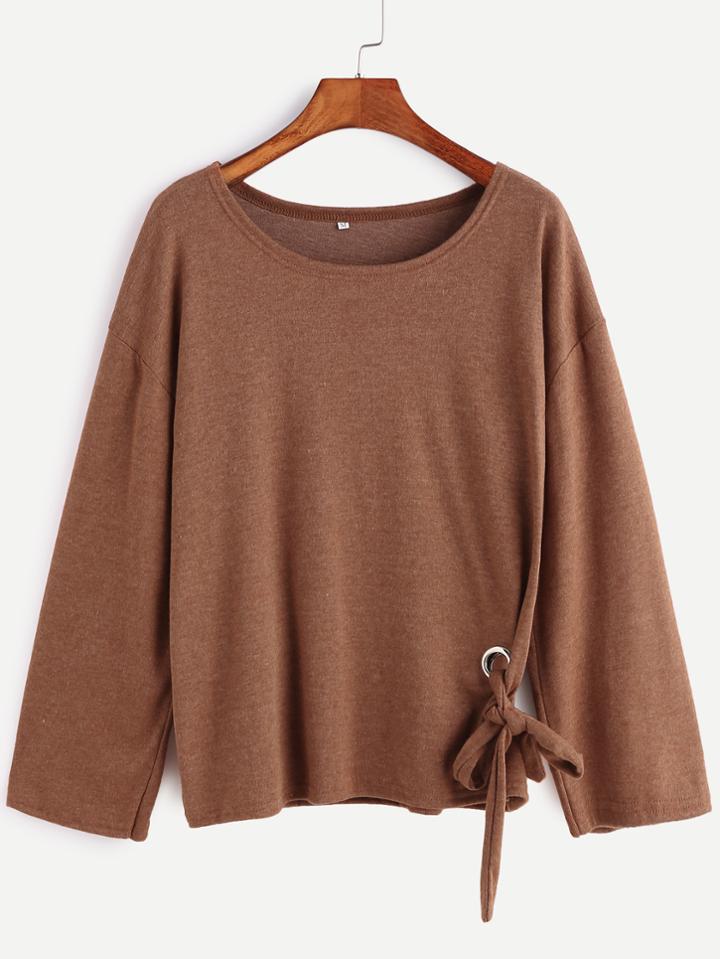 Shein Khaki Drop Shoulder Eyelet Tie T-shirt