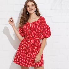 Shein Drop Shoulder Bishop Sleeve Knot Detail Dress