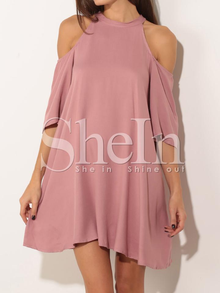 Shein Pink Cold Shoulder Keyhole Back Shift Dress
