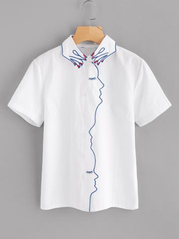 Shein Vivetta Hand-shaped Collar Embroidered Shirt