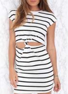 Rosewe Hollow Out Stripe Print Cap Sleeve Dress