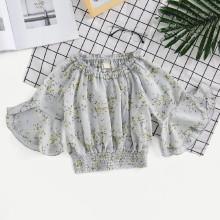 Shein Girls Frill Calico Print Shirred Hem Blouse