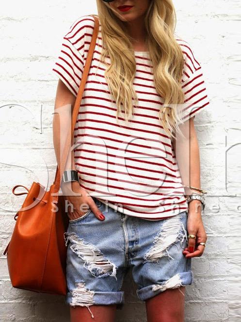 Shein White Red Stripe Short Sleeve T-shirt