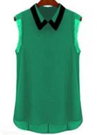 Rosewe Chic Green Sleeveless Turndown Collar Woman T Shirt