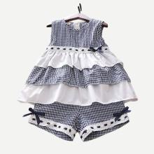 Shein Girls Tiered Hem Vest With Gingham Shorts