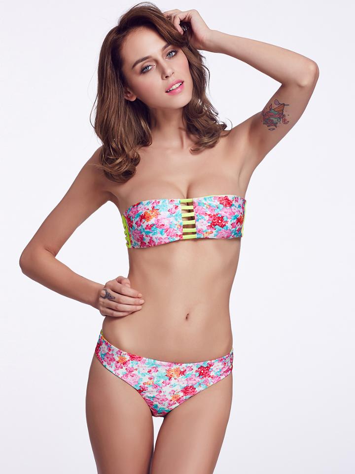 Shein Flower Print Green Strap Bandeau Bikini Sets