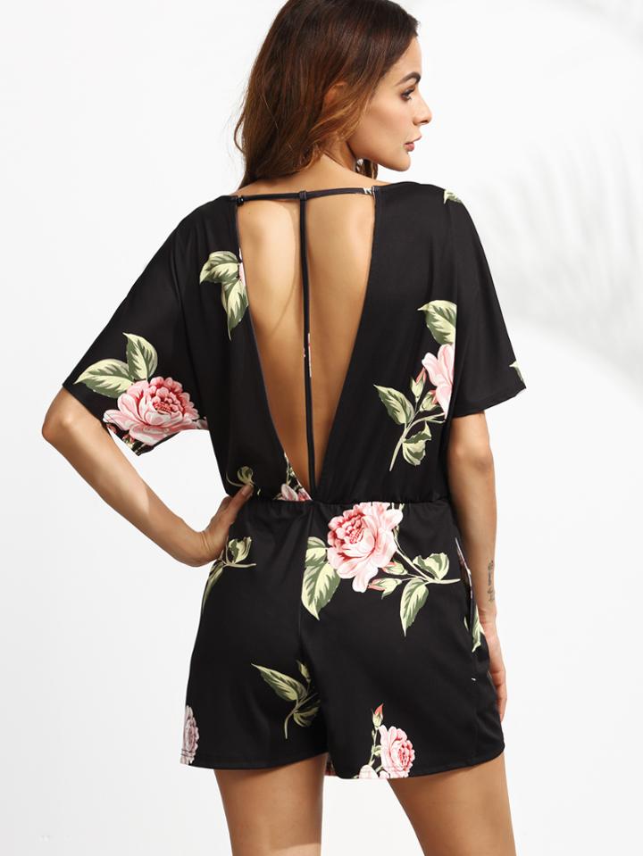 Shein Black Rose Print T Strap V Back Romper