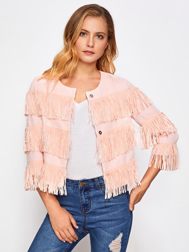 Shein Fringe Trim Hidden Button Textured Jacket
