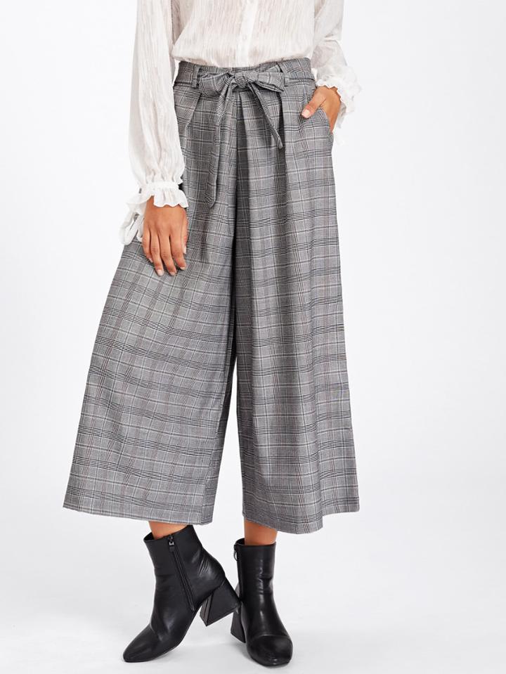 Shein Tartan Plaid Tie Waist Wide Leg Pants