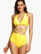 Shein Yellow Halter Neck Caged One Piece Swimwear