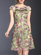 Shein Green Gauze Flowers Embroidered Dress