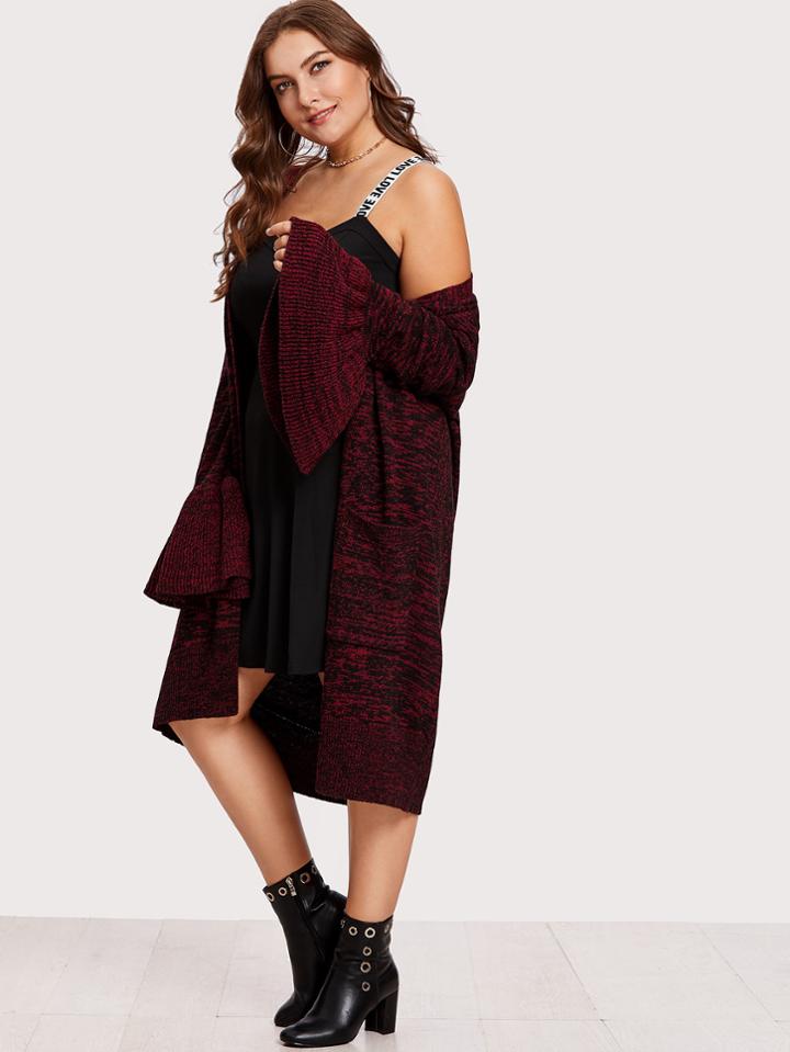 Shein Flounce Sleeve Marled Longline Cardigan