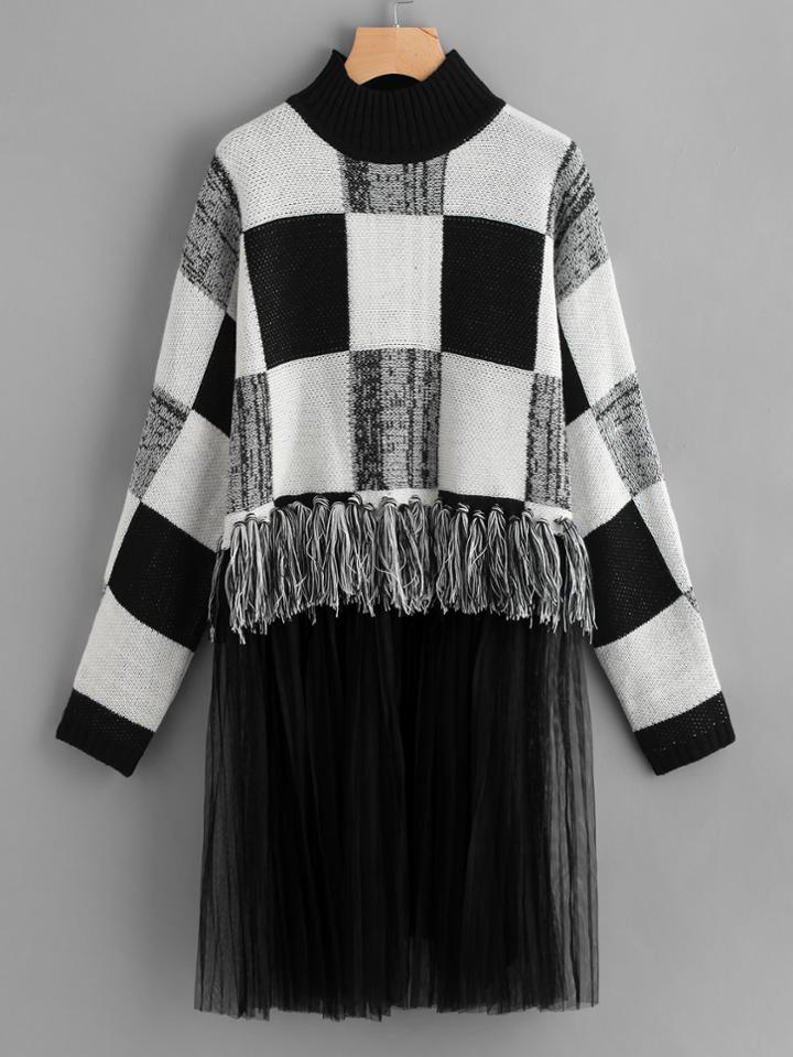 Shein Mesh And Knot Fringe Trim Check Sweater