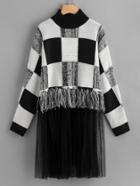 Shein Mesh And Knot Fringe Trim Check Sweater
