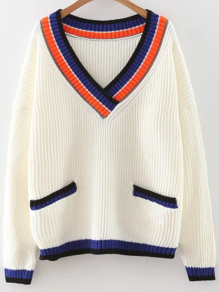Shein White Color Block V Neck Drop Shoulder Sweater