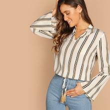 Shein V-cut Neck Knot Hem Striped Top
