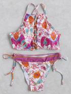Shein Multicolor Printed Lace Up Design Bikini Set