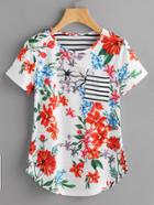 Shein Striped Patch Floral Print Curved Hem Tee