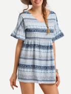 Shein Tribal Print Ruffled Sleeve High Waist Dress