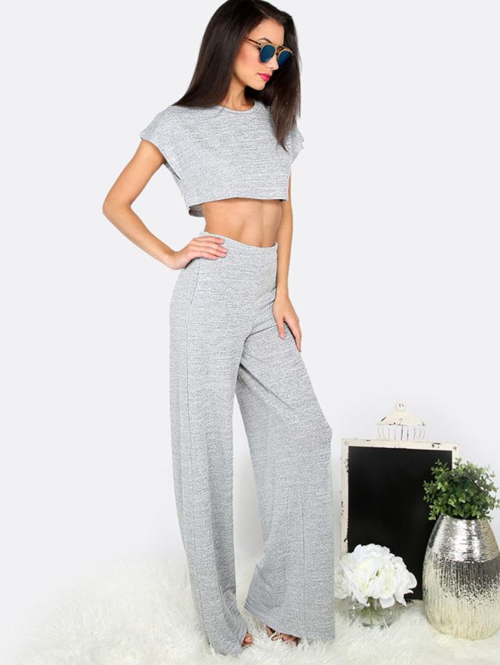 Shein Grey Crop Top With Pocket Wide-leg Pants