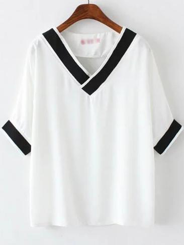 Shein White V Neck Plain Casual T-shirt