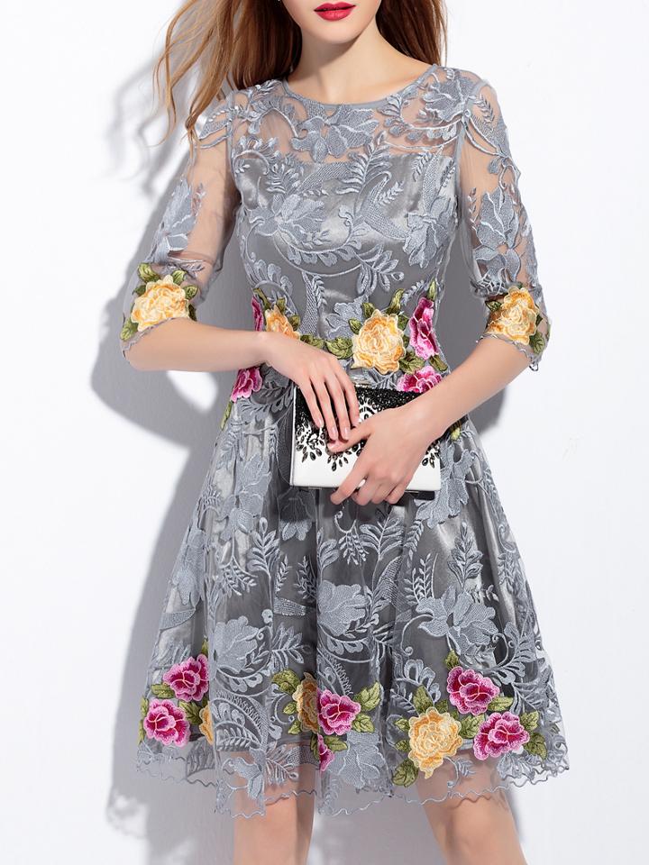 Shein Grey Crew Neck Gauze Embroidered A-line Dress
