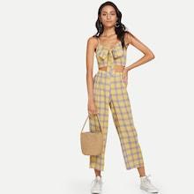 Shein Knot Front Plaid Cami Top & Pants Set