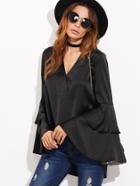 Shein Black Oversized Bell Sleeve High Low Silky Top