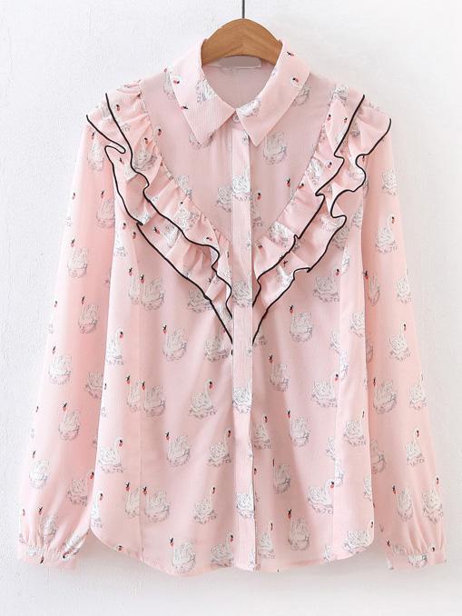 Shein Pink Swan Print Frill Trim Blouse