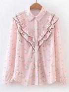 Shein Pink Swan Print Frill Trim Blouse